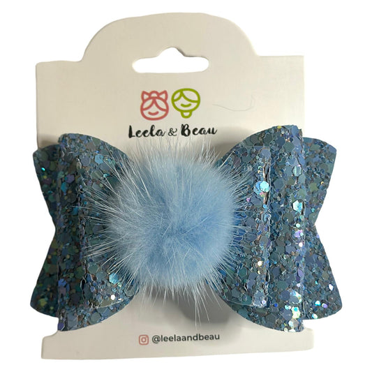 Lazo Chunky Glitter Azul con Pompom